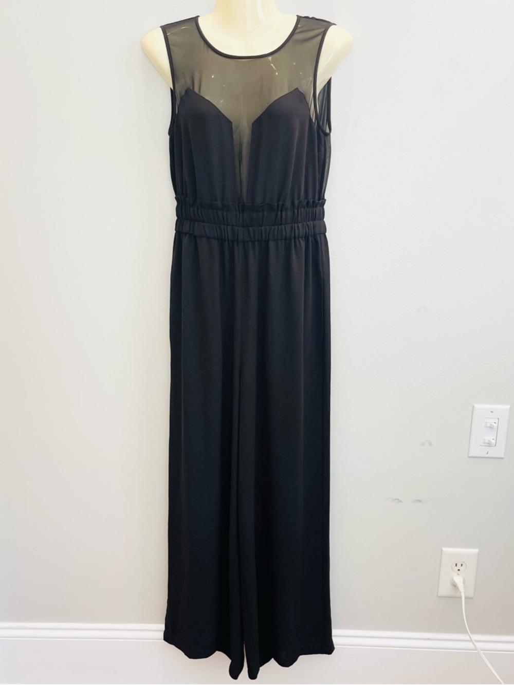 BCBG MAXAZRIA SIZE S Black KIARA CHIFFON INSET SLEEVELESS WIDE LEG JUMPSUIT